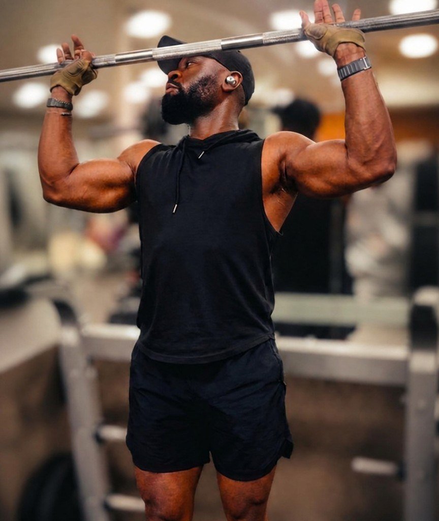 Athlete performing an overhead barbell press in the gym
